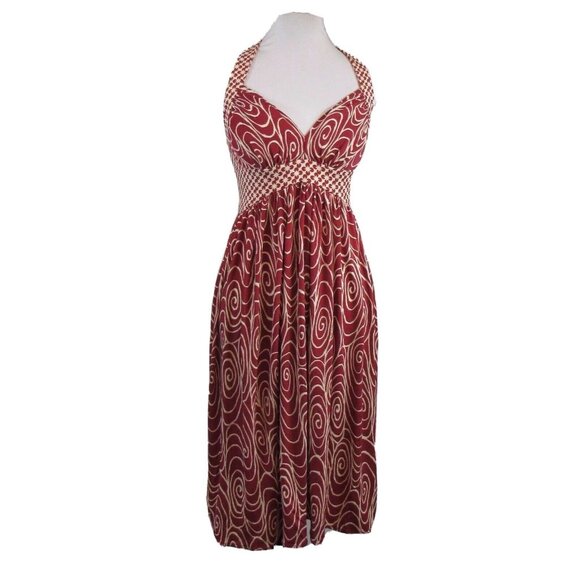 London Times Dark Red Ivory Print Halter Top Dress 4 - Picture 1 of 5